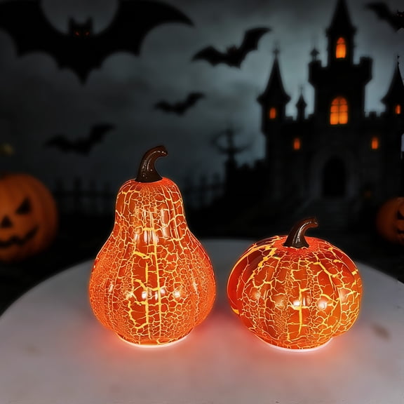 LED Pumpkin Light Crackle Glass Fall Table Lamp, Warm Glow Night Light for Halloween Thanksgiving Decor, Compact Desk Figurine for Mantel Shelf Bedside(2pcs 4.13+2.68IN)Q