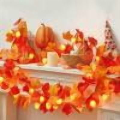 LED Pumpkin Maple Leaf Fall Garland String Lights, Bendable Battery Operated Timer Seasonal Lighting, Dual Purpose Day Night Embellishment for Stair Railing Mantel Halloween Thanksgiving Home Decor
