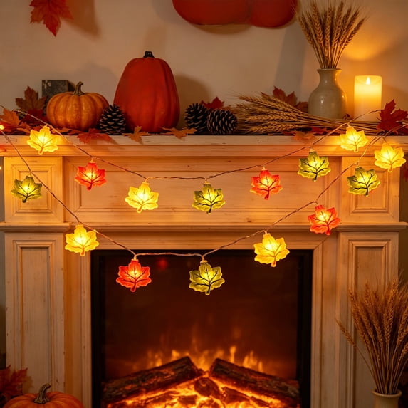 LED Pumpkin & Maple Leaf Fall String Lights, 4.9ft 10 LED Battery Powered Halloween Thanksgiving Light Garland, 2 AA Not Included, Porch Mantle Dinner Table Holiday Decoration Ornaments, Multicolor