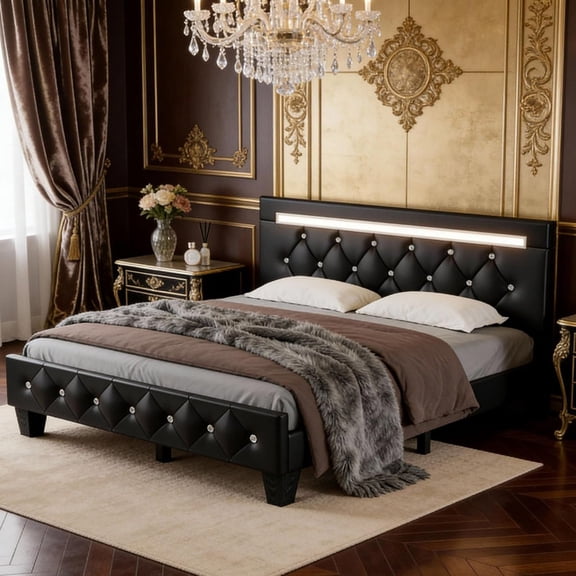 LED Queen Bed Frame with Charging Station, Faux Leather Upholstered Platform Bed with Adjustable Diamond Crystal Headboard, Solid Wood Slats Support, No Box Spring Needed, Noise Free, Black