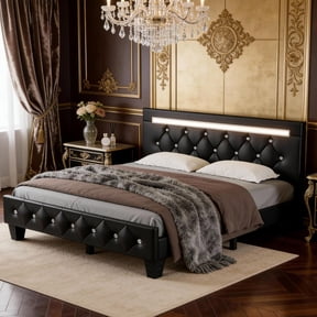 LED Queen Bed Frame with Charging Station, Faux Leather Upholstered Platform Bed with Adjustable Diamond Crystal Headboard, Solid Wood Slats Support, No Box Spring Needed, Noise Free, Black