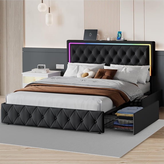 LED Queen Bed Frame with Headboard and Storage,Bed Frame Queen Size with 4 Storage Drawers and LED Lights,Velvet Upholstered Queen Size Bed with Charging Station,No Box Spring Needed,Black