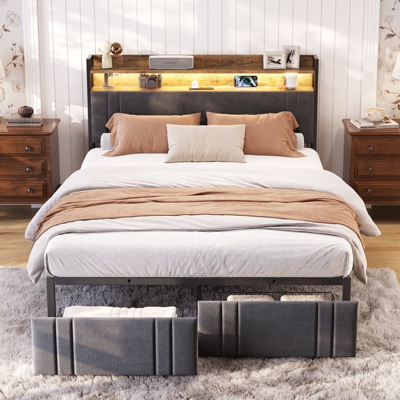 LED Queen Size Bed Frame with Storage Headboard & 2 Drawers,Heavy Duty Metal Bed base Upholstered Platform Bedroom Furniture Charging Station Black,Z-hom