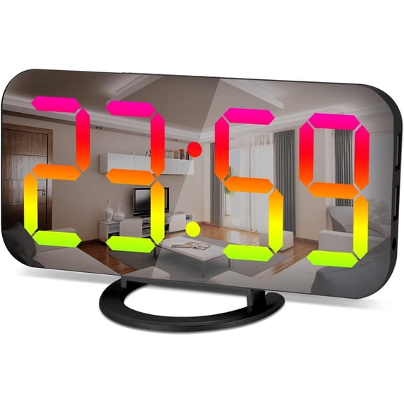 LED RGB Digital Alarm Clock,with 11 Color Modes Display,Mirror Surface,Dual USB Charger Ports,Modern Desk Clocks for Bedroom Home Office Decor- Black