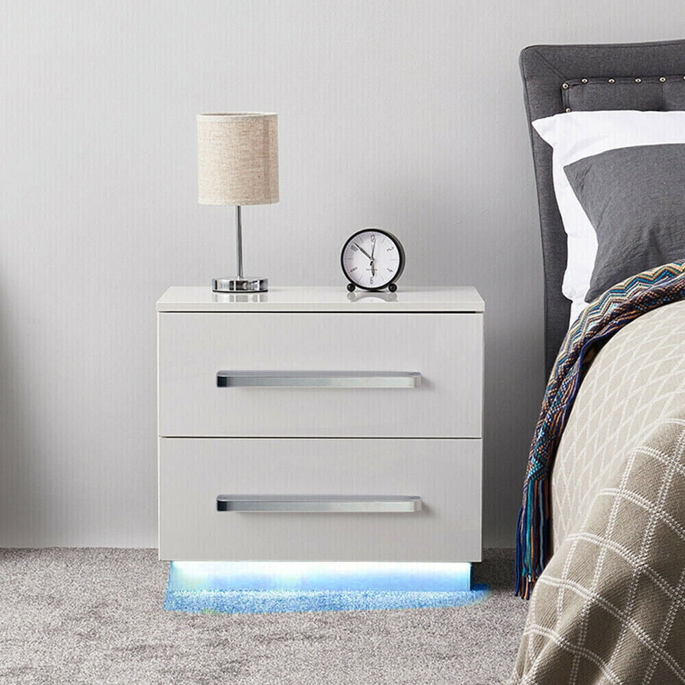 LED RGB Lighting Nightstand High Gloss Modern 2 Drawer Bedside End