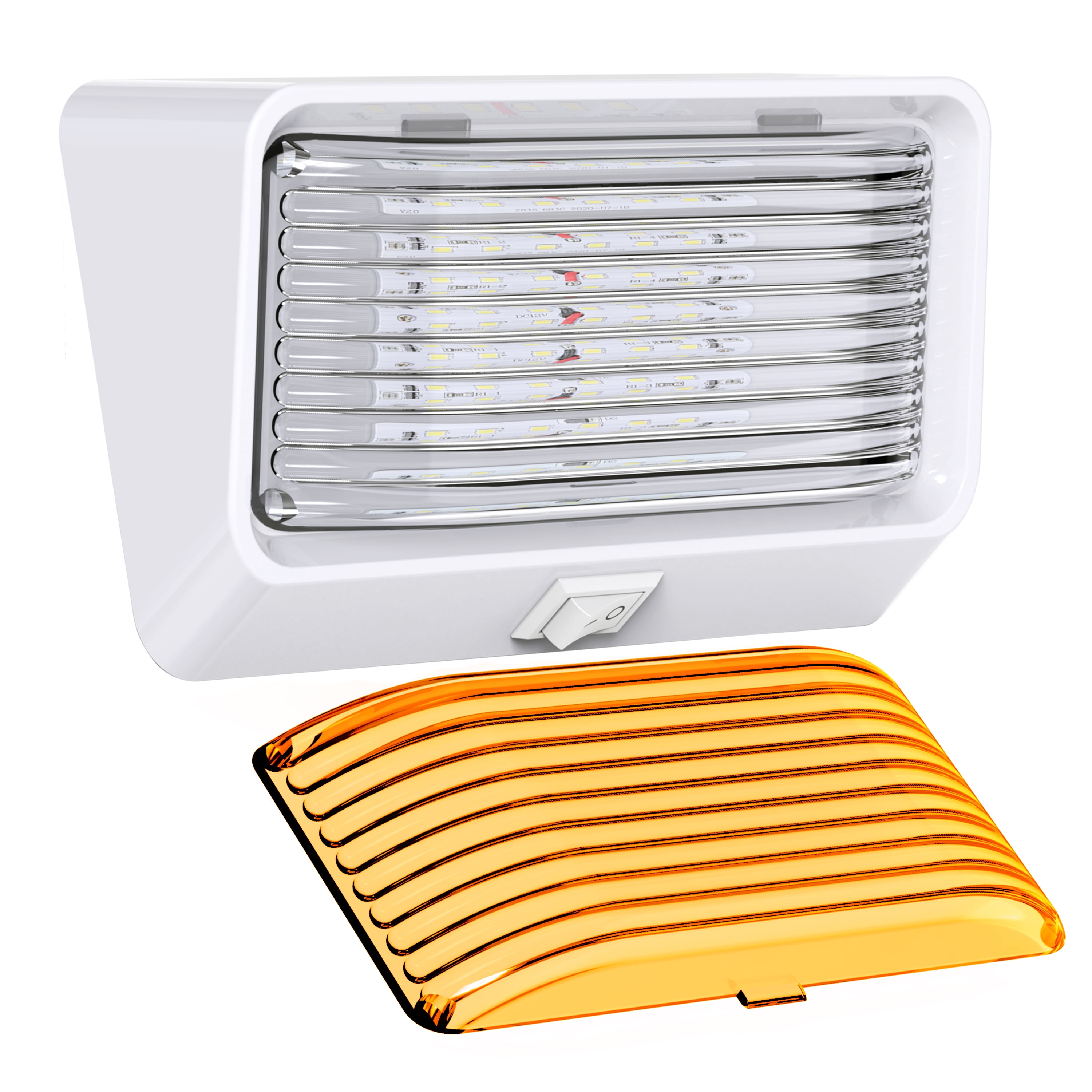 LED RV Exterior Porch Utility Light with Switch - 12v 280 Lumen Lighting Fixture. Replacement Lighting for RVs, Trailers, Campers, 5th Wheels. White Base, Clear and Amber Lenses Included