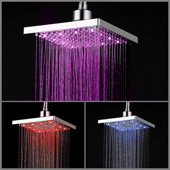 LED Rain Shower Head Temperature Controlled 3 Color Changing, 8 Inch Square High Pressure Light Up Rainfall Shower Head, Stainless Stee