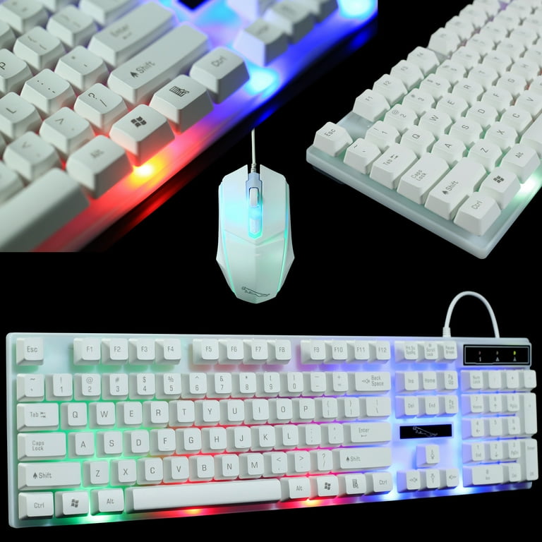 LED Rainbow Gaming Keyboard and Mouse Set Compatible with PS4 PS3 Xbox One Wired Multi Colored Changing Backlight on Mouse White Color