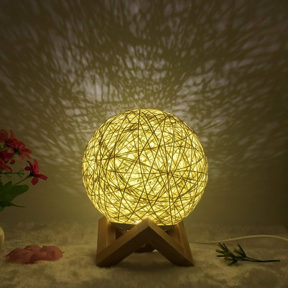 LED Rattan Ball Table Light, Bracket Seat Dimmable Night Lights USB Powered Rattan Ball Lamp Creative Birthday Gift Bedroom Home Bookroom Decor