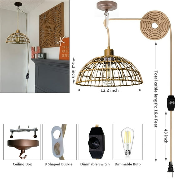 LED Rattan Pendant Lights Dimmable Hanging Light Woven Rattan Chandelier Wicker Hanging Lamp Adjustable Light Fixtures Ceiling Woven Pendant Light