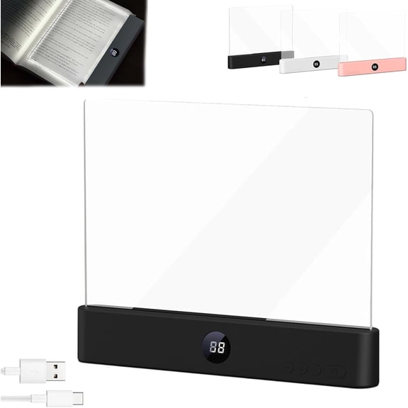 LED Reading Light, Rechargeable Clear Flat Book Lights for Reading at Night with 3 Colors & Timer, Dimmable Full Page Panel Plastic Book Light Page for Bed, Travel, Gifts for Book Lovers (Black)