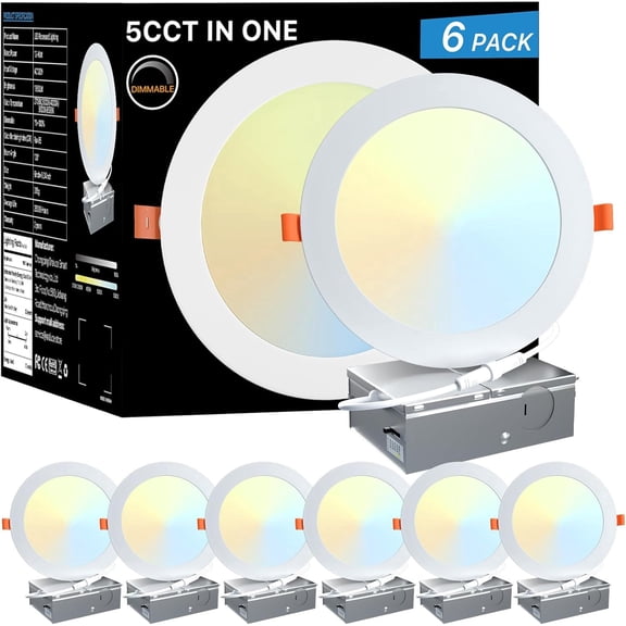 LED Recessed Lighting 6 Inch with Junction Box, 6 Pack | Ultra-Thin,5CCT 2700K/3000K/4000K/5000K/6500K,CRI90+,12W 100W Eqv 1050LM Canless Downlight for Kitchen Living Room