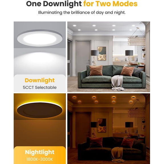 LED Recessed Lighting 6 Inch - with Night Light, 2700K/3000K/4000K/5000K/6000K Selectable Canless Recessed Light, 12W+3W, Ultra-Thin Wafer Downlight Soffit with Junction Box, 6inch 6P White