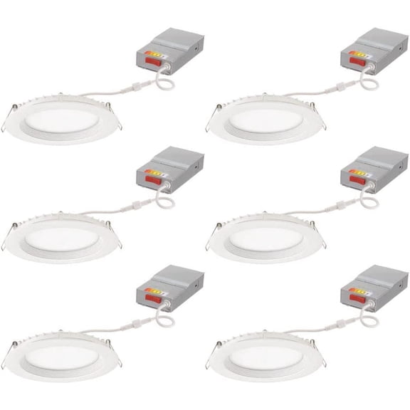 LED Recessed Lights 6 Inch Round Wafer Downlight, Switchable White Color Temperature, 120 Volts, 6-Inch Regressed Trim, Matte White, 6-Pack