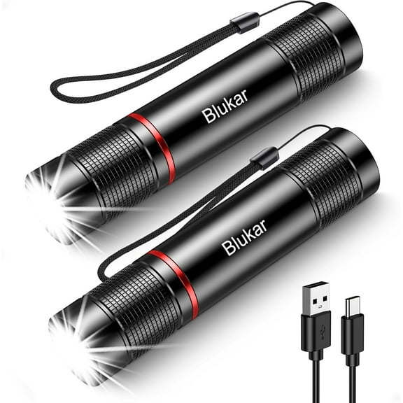 LED Rechargeable 2 Pack, Super Bright Adjustable Focus Handheld s, 4 Lighting Modes, Waterproof Pocket Size Torch for Camping, Hiking, Outdoor, Emergency-Black