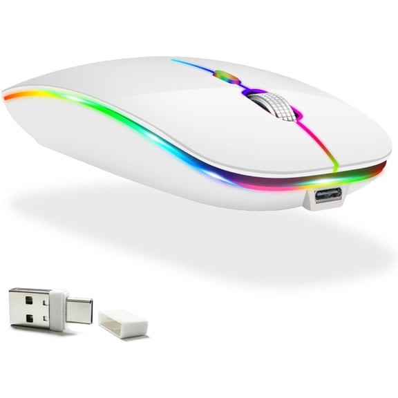 LED Rechargeable (BT5.2+Type-C+USB2.4G) Bluetooth Mouse for MacBook/MacBook air/Pro/iPad/Laptop/Notebook/pc/Chromebook(LED/White)