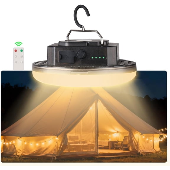 LED Rechargeable Camping Lantern 5000LM with Remote 3 Color Modes Stepless Dimming USB-C In/Out IPX5 Waterproof Magnetic Hook Portable Tent Light Size 40-TOU Max