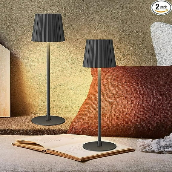 LED Rechargeable Cordless 3000K Dimmable Table Lamp, Battery Operated, IP54 Waterproof Touch Switch, Iron, Black，Pack of 2.