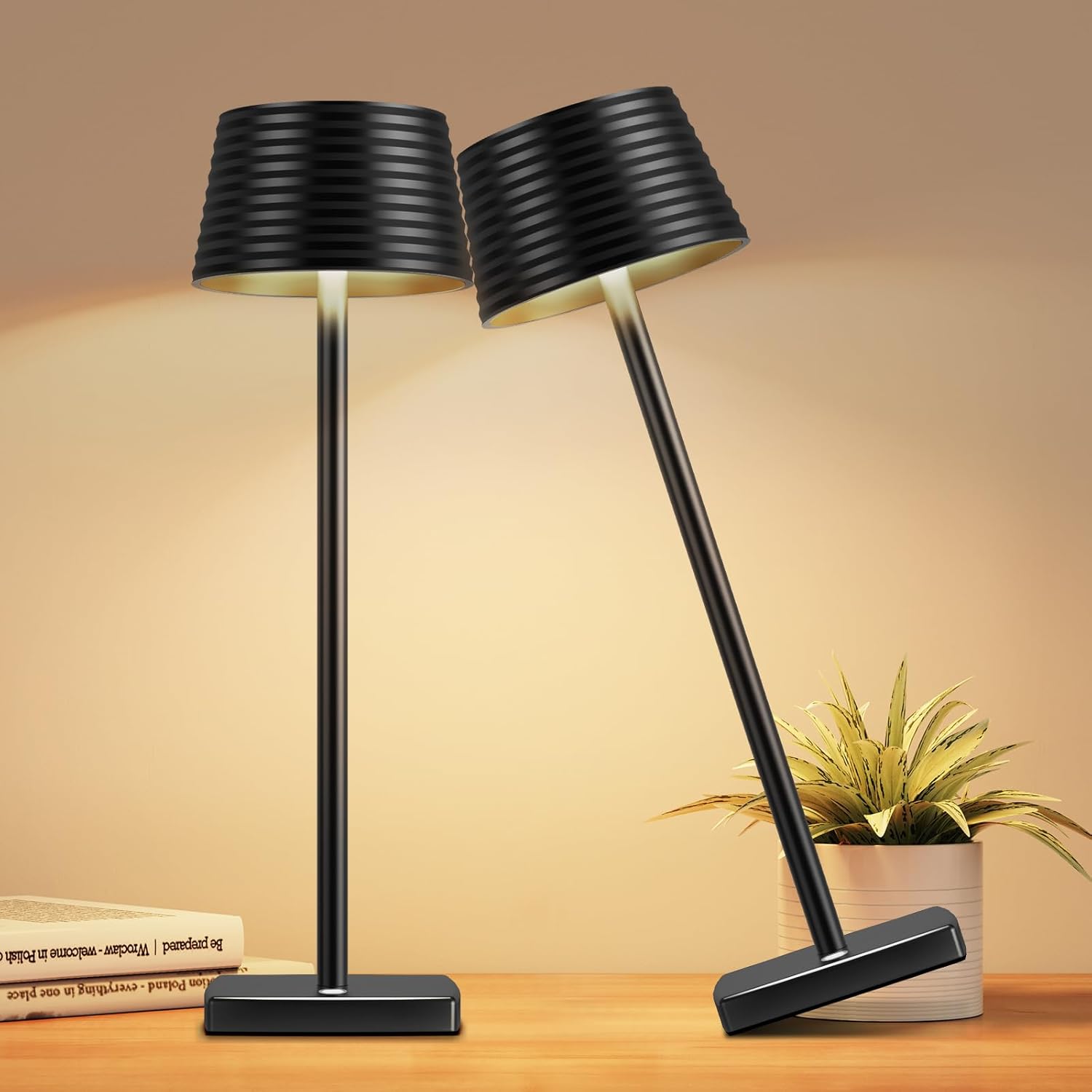 LED Rechargeable Cordless Table Lamp, Battery 6000mAh USB LED Portable Powered Desk Lamp, 3 Levels Brightness Night Light for Restaurants Bars Outdoor (2pack Black)