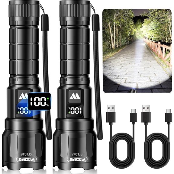 LED Rechargeable Flashlight 2Pack, 3Modes Super Bright High Lumens Flashlights, Zoomable Tactical Flashlight with LCD Display, IP65 Waterproof Flashlights for Home Emergency Camping & Gifts Men