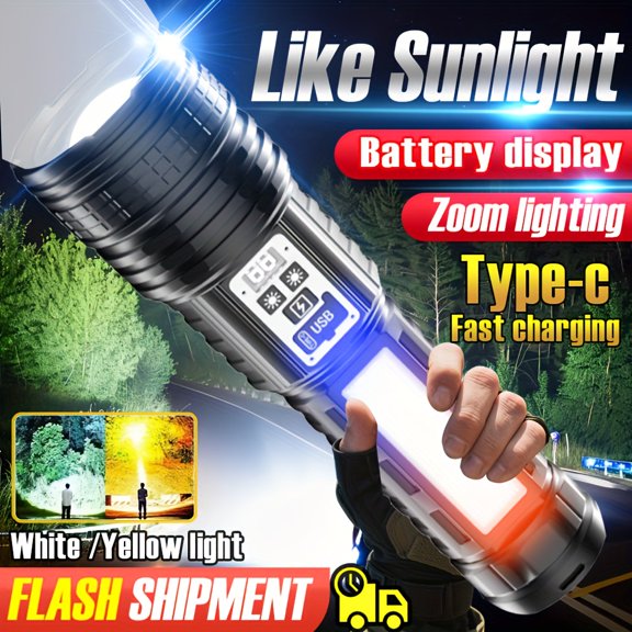 LED Rechargeable Flashlight 4500mAh Battery, 7 Modes, COB Side Light, Digital Display, Adjustable Focus, Shoulder Strap, Waterproof Torch for Camping Outdoor Emergency
