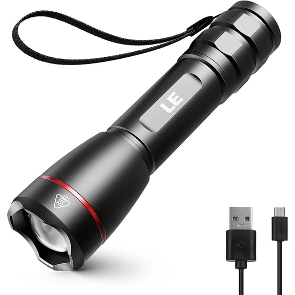 LED Rechargeable Flashlight, LP3000 High Lumens, Zoomable, Bright Flashlight, Waterproof, 5 Lighting Modes, Small Handheld Flashlight for Camping, Emergencies, USB Cable Included