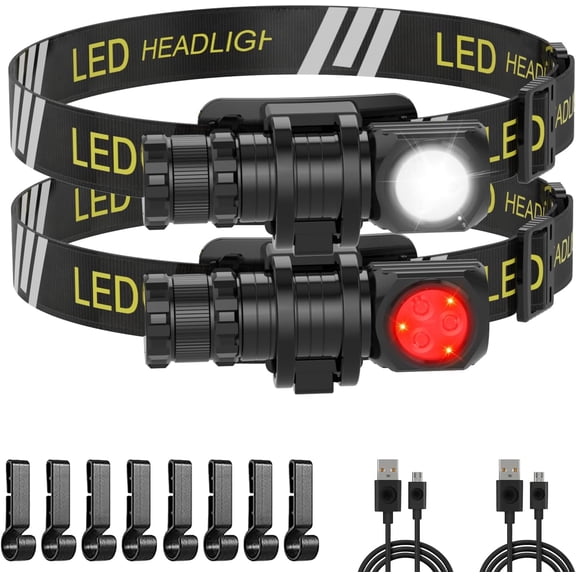 LED Rechargeable Headlamp for Adults - Hard Hat Light Running Head Lamp with Red Light, Magnet, 180 Tilt, 7 Modes, Detachable Flashlight & Headband, Outdoor, Emergency Use 2PC