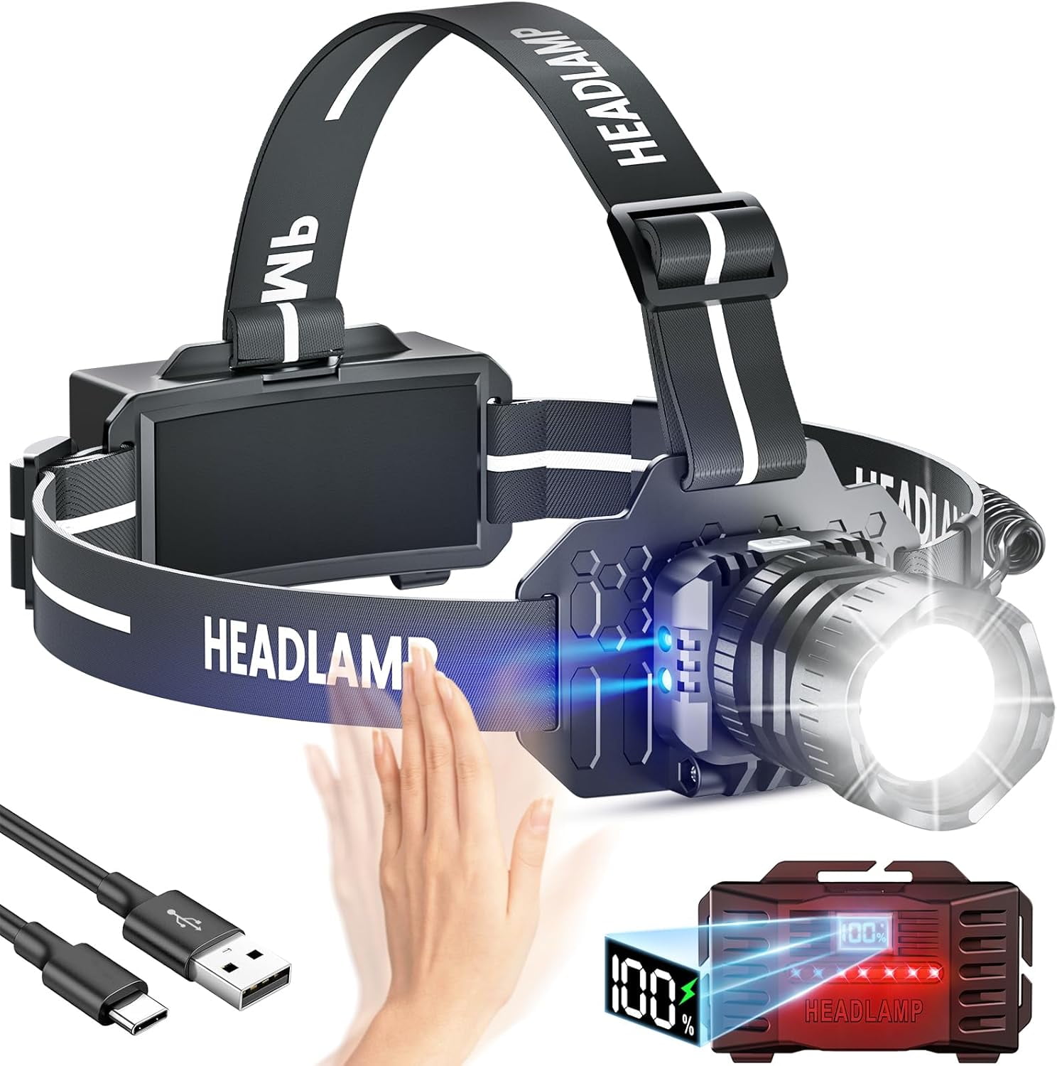 LED Rechargeable Headlamp, Head Lamp Super Bright with 9 Modes & IPX6 Waterproof Zoomable Head Lights for Forehead, 90° Adjustable Headlamps