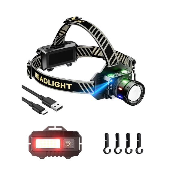LED Rechargeable Headlamp High Lumens,Motion Sensor Red Warning Zoomable Energy Saving, Ultra-long range headlight,IPX7 Waterproof,9 Modes Zoomable Headlight for Adult, Outdoor,Camping,Hard Hat