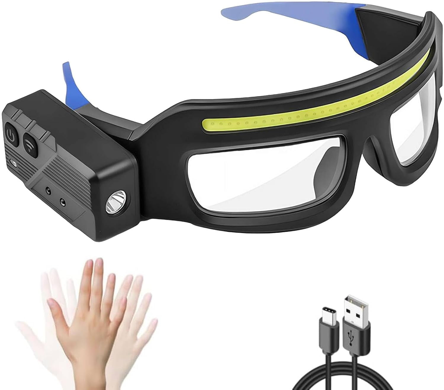 LED Rechargeable Headlight Glasses – Motion Sensor & Touch Control 5 Modes, USB-C Light Up Eyewear 350-500lm IPX4 Waterproof for Running Camping Fishing Cycling Hiking (Blue) P