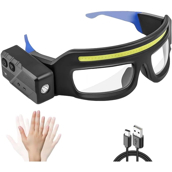 LED Rechargeable Headlight Glasses Motion Sensor & Touch Control 5 Modes, USB-C Light Up Eyewear 350-500lm IPX4 Waterproof for Running Camping Fishing Cycling Hiking (Blue) P