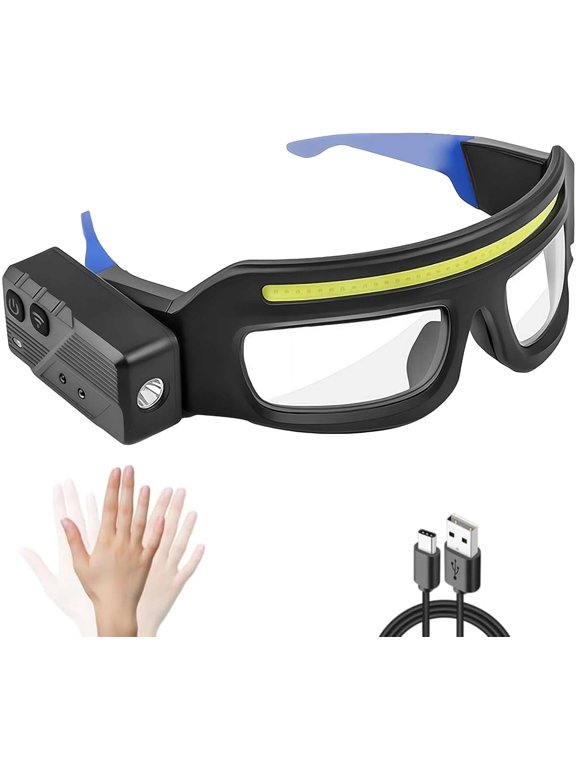 LED Rechargeable Headlight Glasses Motion Sensor & Touch Control 5 Modes, USB-C Light Up Eyewear 350-500lm IPX4 Waterproof for Running Camping Fishing Cycling Hiking (Blue) P