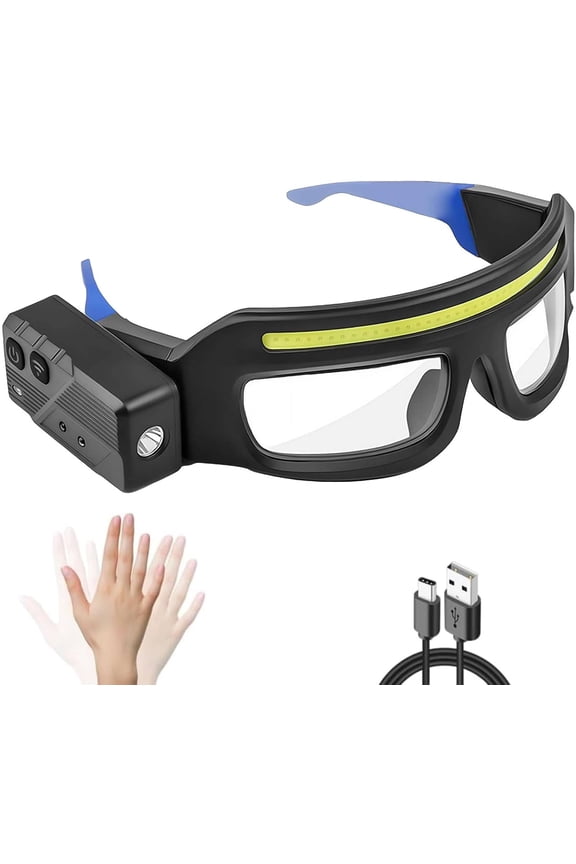 LED Rechargeable Headlight Glasses Motion Sensor & Touch Control 5 Modes, USB-C Light Up Eyewear 350-500lm IPX4 Waterproof for Running Camping Fishing Cycling Hiking (Blue) P