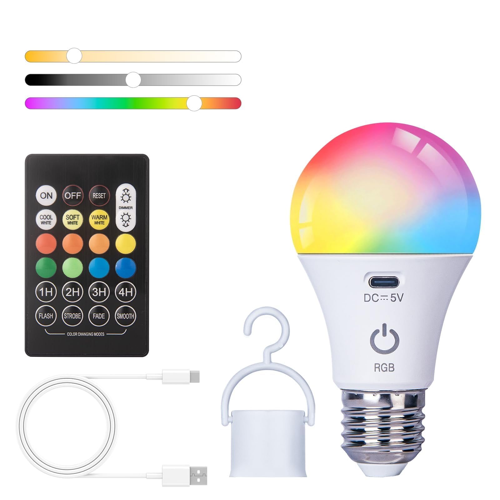 LED Rechargeable Light Bulb with Remote, Battery Operated Light Bulbs for Lamps, Smart RGB Color Changing Bulb with Hook, E26 Base, Non-Hardwired