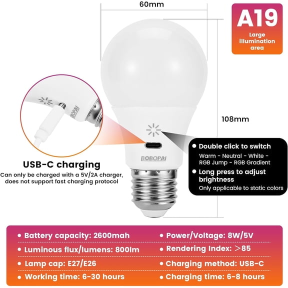 LED Rechargeable Light Bulbs With Remote  Touch Dimmable, E26 Battery Operated Light Bulb for Lamps, RGB 12 Colors, 2600mAh USB battery backup Light Bulb With Timer, A19 Small Light Bulbs 2 Pack