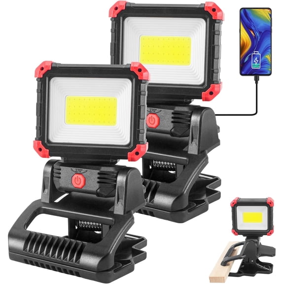 LED Rechargeable Work Light with Clamp 2Pack 2100 LM 3 Light Modes 270    & 180    Rotation Waterproof Black Bestseling