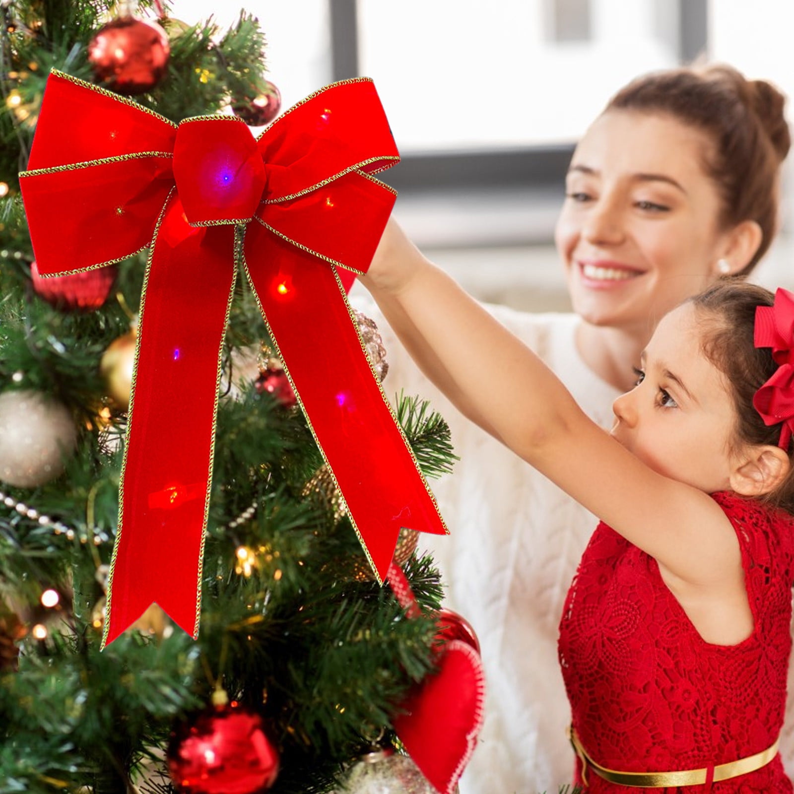 LED Red Bows Christmas Decorations Big Wired Velvet Bow with Color LED Lights Christmas Tree Decoration Bows for Wreaths Outdoor Tree Topper Outside
