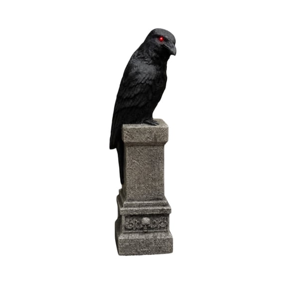 LED Red-Eyed Black Crow Resin Figurine Gothic Halloween Tabletop Statue (Black)