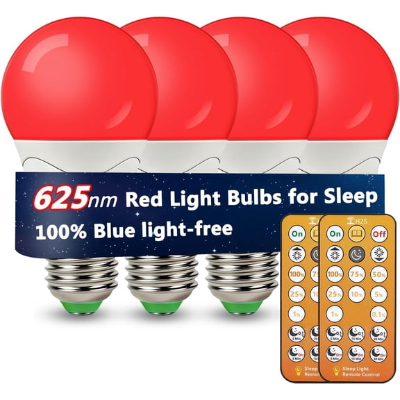 LED Red Light Bulbs for Sleep with Remote Control, E26 Circadian Light Bulb A15, 5W(40W Equivalent) for Sleep Therapy, Baby Nursery, Bedroom (4 Packs)