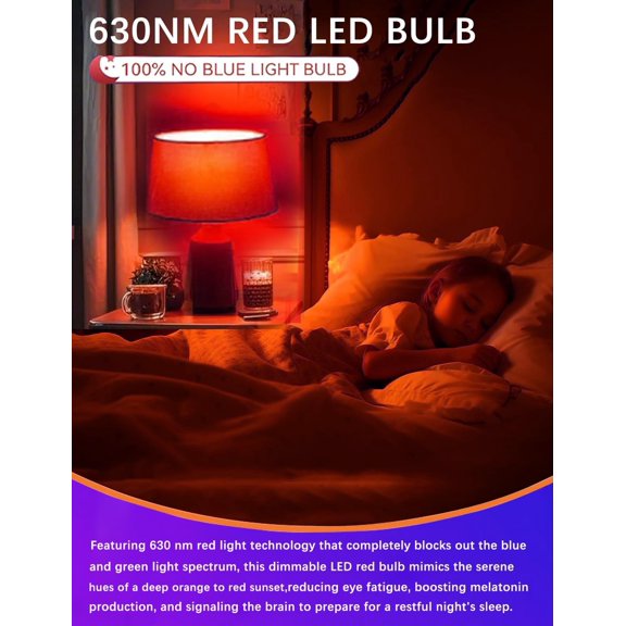 LED Red Sleep Light Bulb Dimmable, 100% Blue Light Blocking Bulb 630nm Promoting Melatonin Red Light Bulbs, A15 5W E26 Base Dim Light Bulbs for Bedroom, Baby Nursery,4 Packs