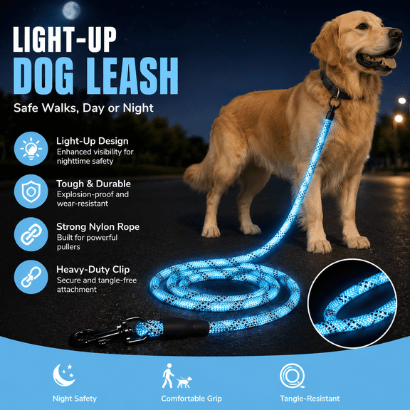 LED Reflective Dog Leash for Night Walking, Heavy Duty Nylon Rope Pet Leash with Comfortable Foam Handle, Durable Anti-Pull Leash for Small Medium Large Dogs