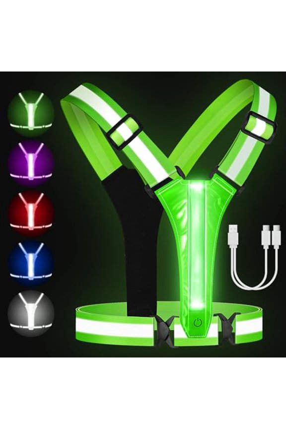 LED Reflective Running Vest - Light Up Running Vest with 3 Light Mode & 5 Colors, Reflective Vest & Running Lights for Runners, Rechargeable Night Running Gear - Reflective Belt Safety Vest