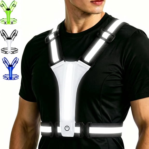 LED Reflective Vest Running Gear, 3 Lights Colors High Visibility Reflective Running Gear Rechargeable Light Up Running Vest for Walking Running Cycling, Adjustable for Men Women Kids, White