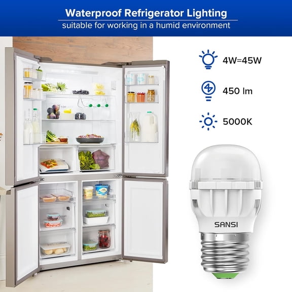 LED Refrigerator Light Bulb 45W Equivalent, 5000K Daylight White 450 Lumen 4W Appliance Light Bulb A11 Small LED Light Bulb, E26 Freezer Home Light Bulbs, Waterproof, Non-Dimmable, 4-Pack