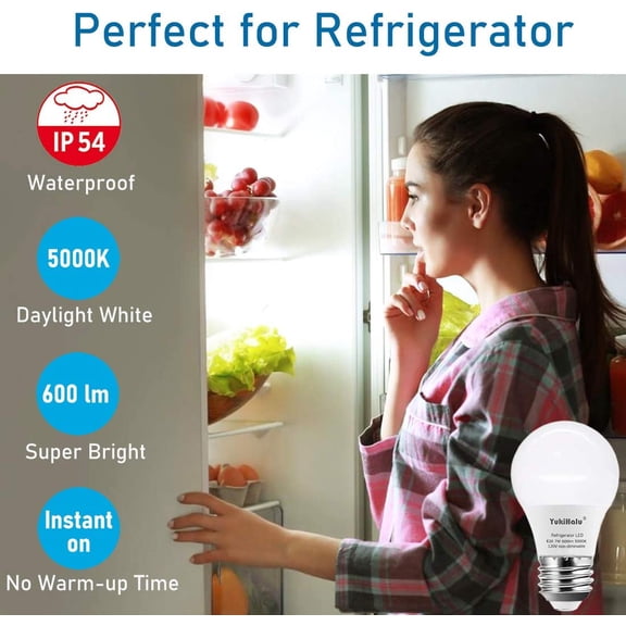 LED Refrigerator Light Bulb 60W Equivalent A15 Appliance Fridge Bulbs, Waterproof 600 Lumen 7W 120V Daylight 5000K E26 Medium Base, Small Size Bulb for Damp Location, Not-Dim, 2-Pack