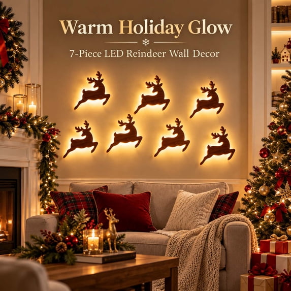 LED Reindeer Wall Decorations, 7pcs Lighted Holiday Wall Lights, Warm Festive Indoor Display for Living Room, Bedroom, Hallway, Entryway and Party Decor, Brown-A-5.9in
