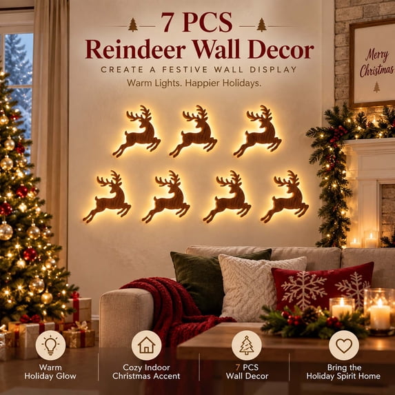 LED Reindeer Wall Decorations, 7pcs Lighted Holiday Wall Lights, Warm Festive Indoor Display for Living Room, Bedroom, Hallway, Entryway and Party Decor, Brown-B-5.9in