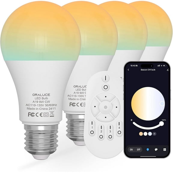 LED Remote Control Light Bulbs 60 Watt Equivalent, Dimmable 2700-6500K Lightbulbs E26 Base, A19 Bluetooth Smart Light Bulb for Lamp, Bedroom, 4 Pack with Remote Control