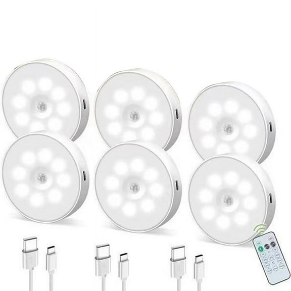 LED Remote Control Three-Color Cabinet Light, Motion Sensor Rechargeable Light, Under Counter Light (6-Pack)