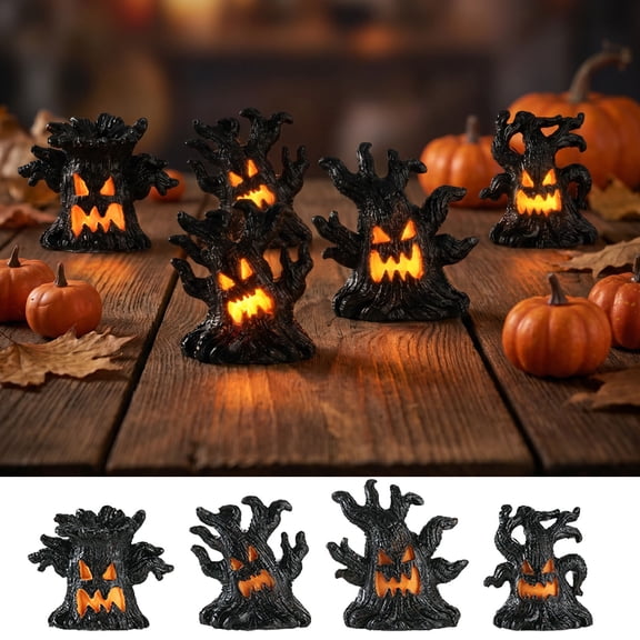 LED Resin Tree Stump Night Light, Luminous Mossy Log Tabletop Decor, Spooky Forest Themed Centerpiece, Battery Operated Halloween Accent for Porch, Patio, Ghost House Party Display, D